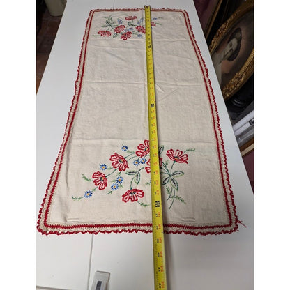 table runner hand embroidered 38" x 18" linen ripple edge farmhouse grannycore