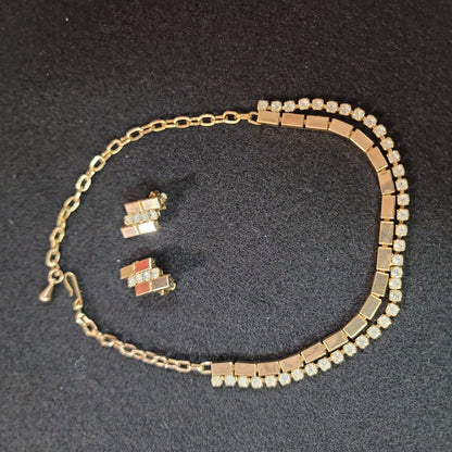 Vintage Necklace Matching Clip On Earring Gold Crystal Choker Style Reticulated