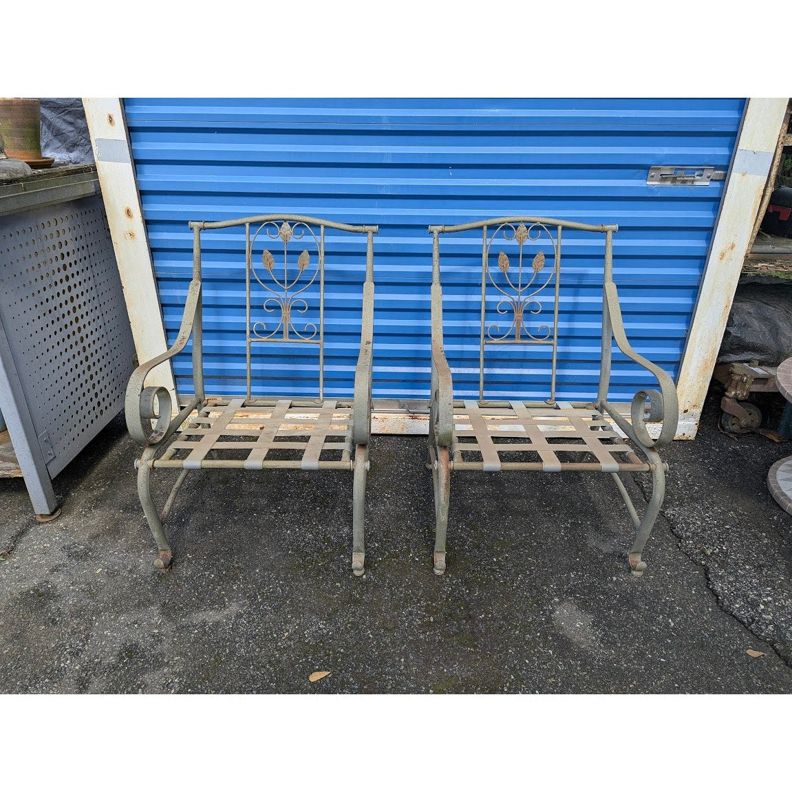 SECONDHAND SANDIES: Pair of outdoor metal chairs with cushions