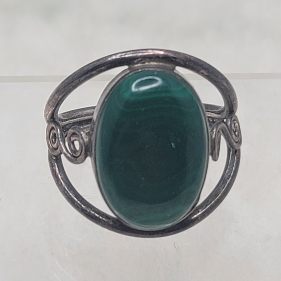 Vintage Sterling Silver Malachite Statement Ring Art Nouveau Swirl Size 9