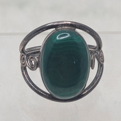 Vintage Sterling Silver Malachite Statement Ring Art Nouveau Swirl Size 9