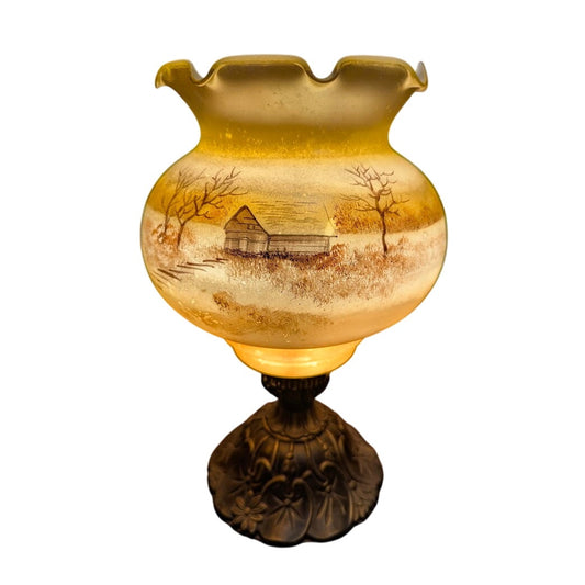 Vintage Custard Glass Lamp Handpainted Barn Scene Ribbon Top French Country