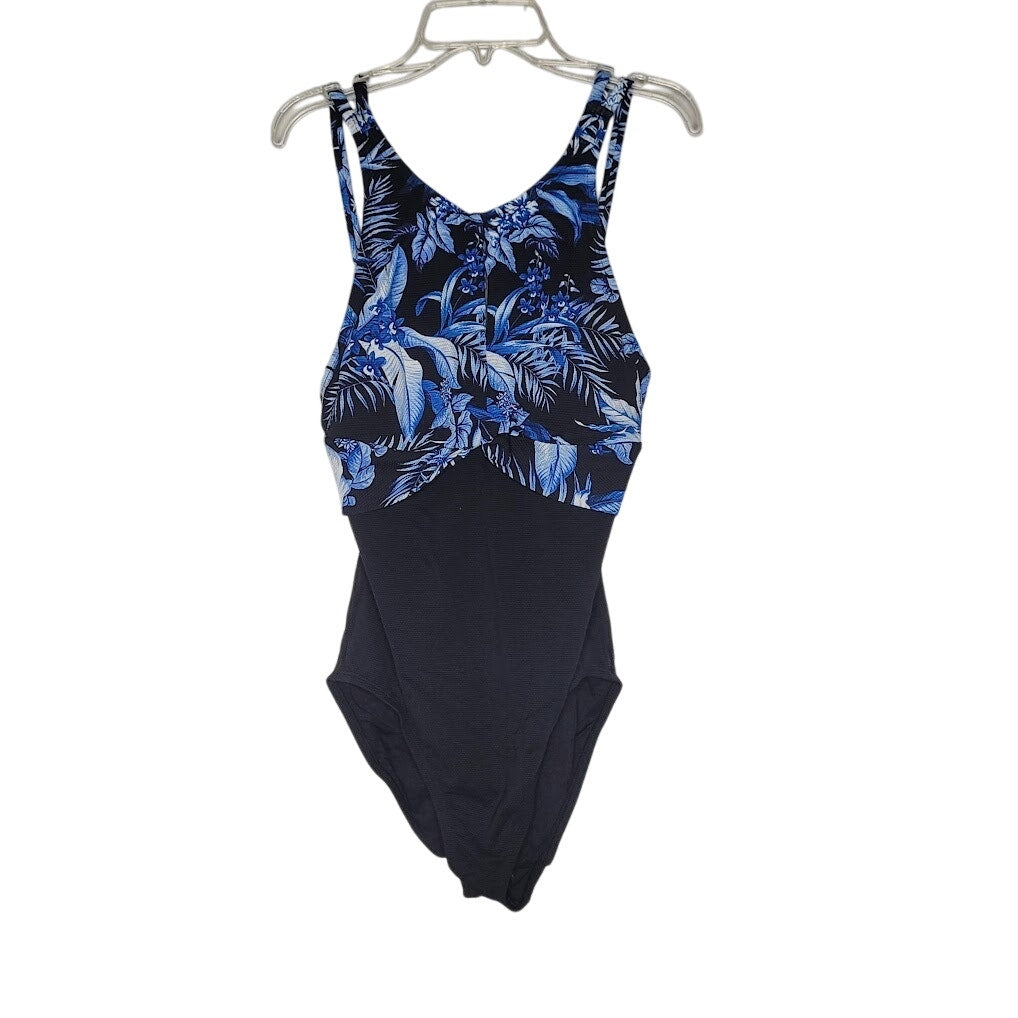 Tommy Bahama 1Piece Indigo Garden 10 Bathing Suit black Blue Floral Keyhole NEW
