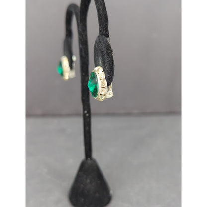 Vintage Emerald Green Rhinestone Gold Tone Round Clip On Earrings