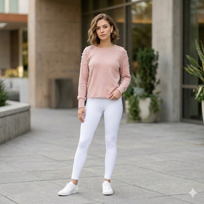 1901 Blush Pink Pearl Shoulder Sweater: Elegant Casual Cozy Long Sleeve Pullover