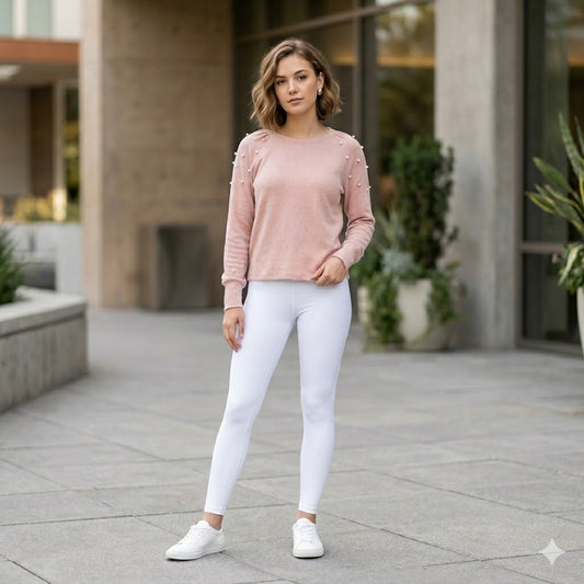 1901 Blush Pink Pearl Shoulder Sweater: Elegant Casual Cozy Long Sleeve Pullover