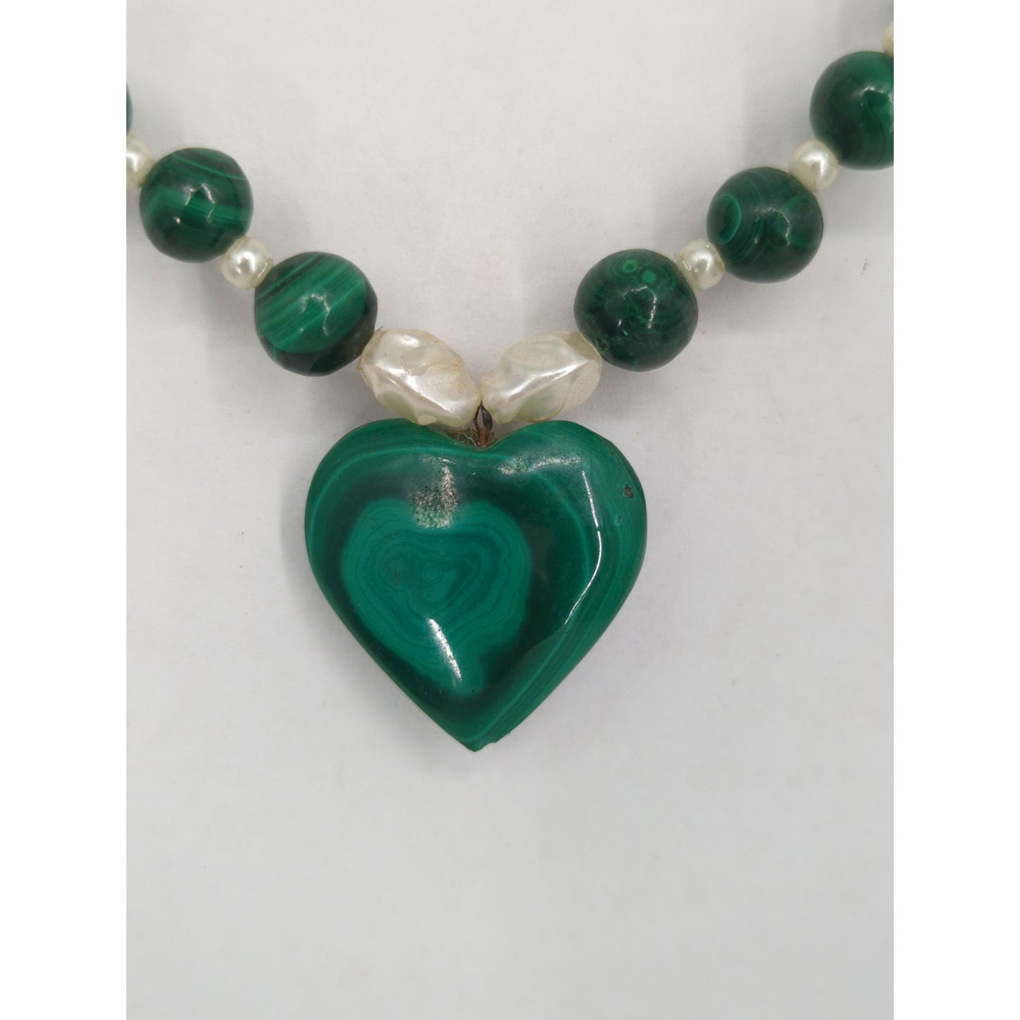Vintage Green Jadeite Glass Beaded Necklace Heart Pendant Mid-Century Boho Chic