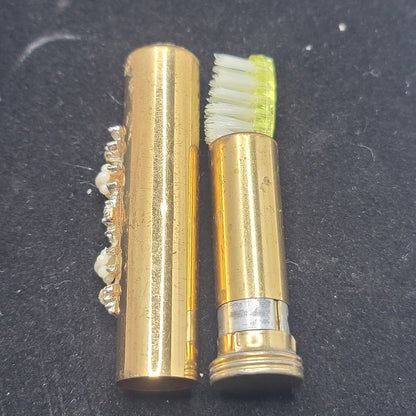 Vintage Rhinestone Faux Pearl Gold Tone Retractable Travel Toothbrush Case