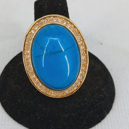 Vintage Gold Tone Simulated Turquoise Rhinestone Statement Ring Boho Size 8