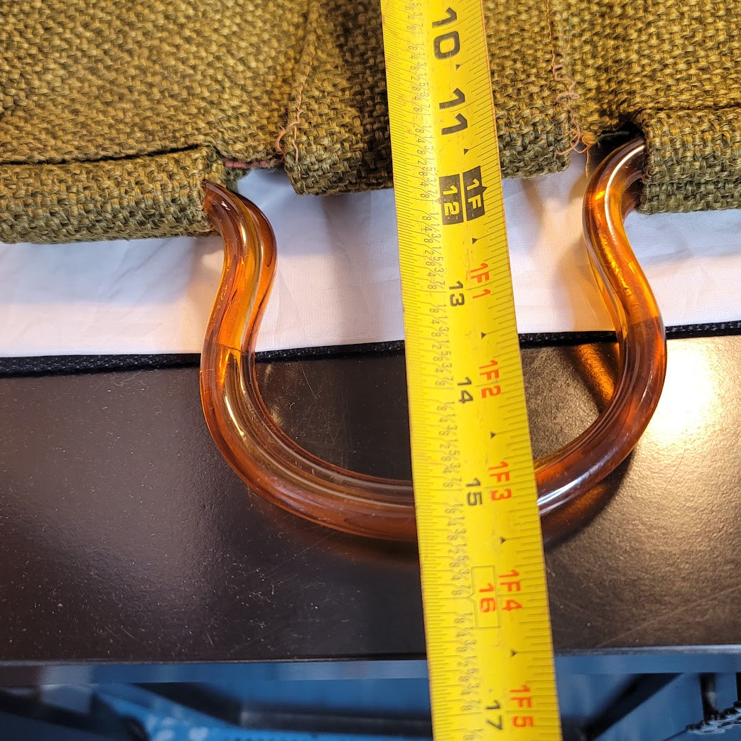 Vintage Woven Avocado Green Tortoise Lucite Handle Twist Lock Purse Bag Tote