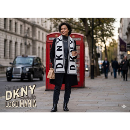DKNY Stadium Logo Spellout Scarf Black & White NWT wrap winter cold weather