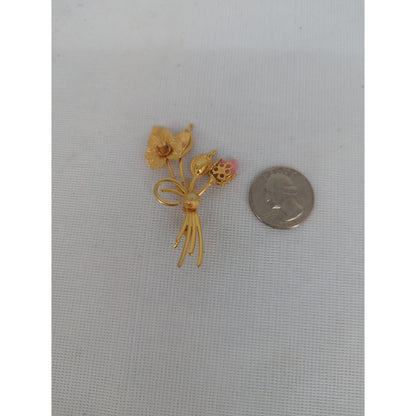 Vintage Gold-Tone Pink Floral Bouquet Brooch Pin Flower Spray