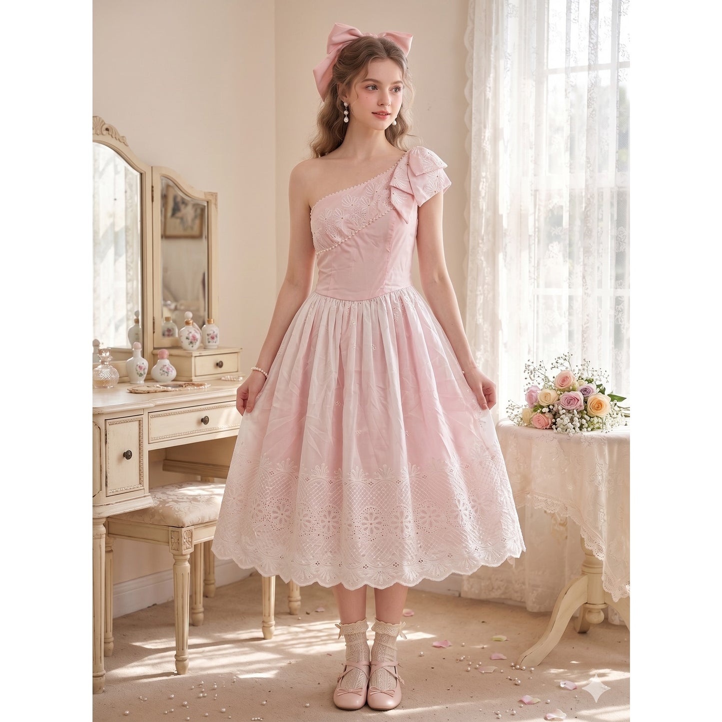 Vintage Joy Stevens One-Shoulder Eyelet Dress Small/Medium Retro Prom Glam