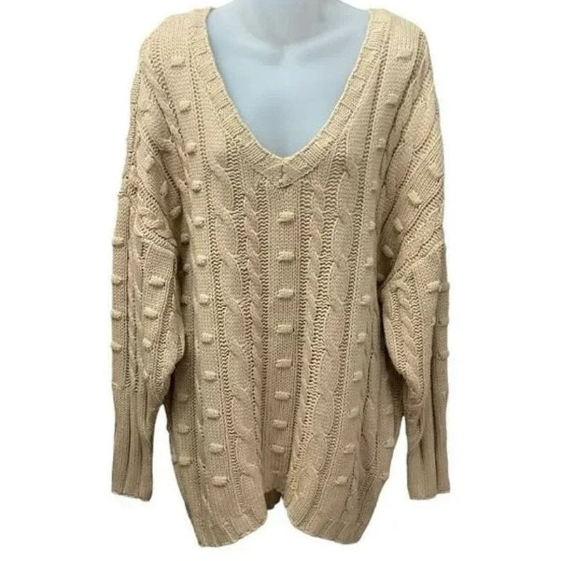 AFRM Bostom Long V-Neck Cable Knit Sweater Size XS/Extra Small in Sand/Tan NWT