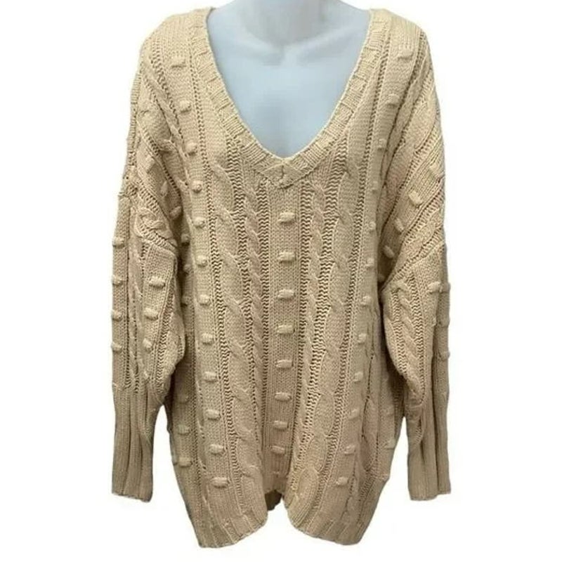 AFRM Bostom Long V-Neck Cable Knit Sweater Size XS/Extra Small in Sand/Tan NWT