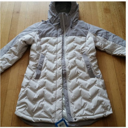 Columbia Down Mountain Croo Long Down Hood Jacket NEW $250.00 Size XS Chalk Gray