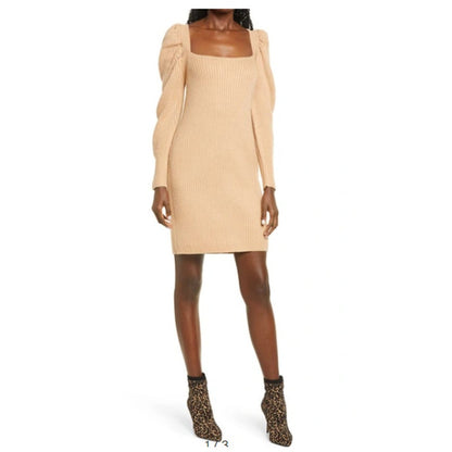 WAYF Leland Long Sleeve Tie Back Sheath Sweater Dress In Camel Medium Winter NEW
