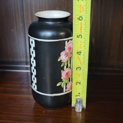 Vintage Crown Ducal Black Art Deco Vase with Pink Roses & White Trellis