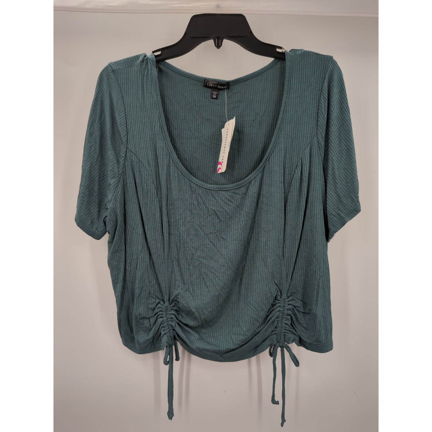 Curvy Sense Teal Green Ribbed Ruched Drawstring Crop Top Size 3X NWT