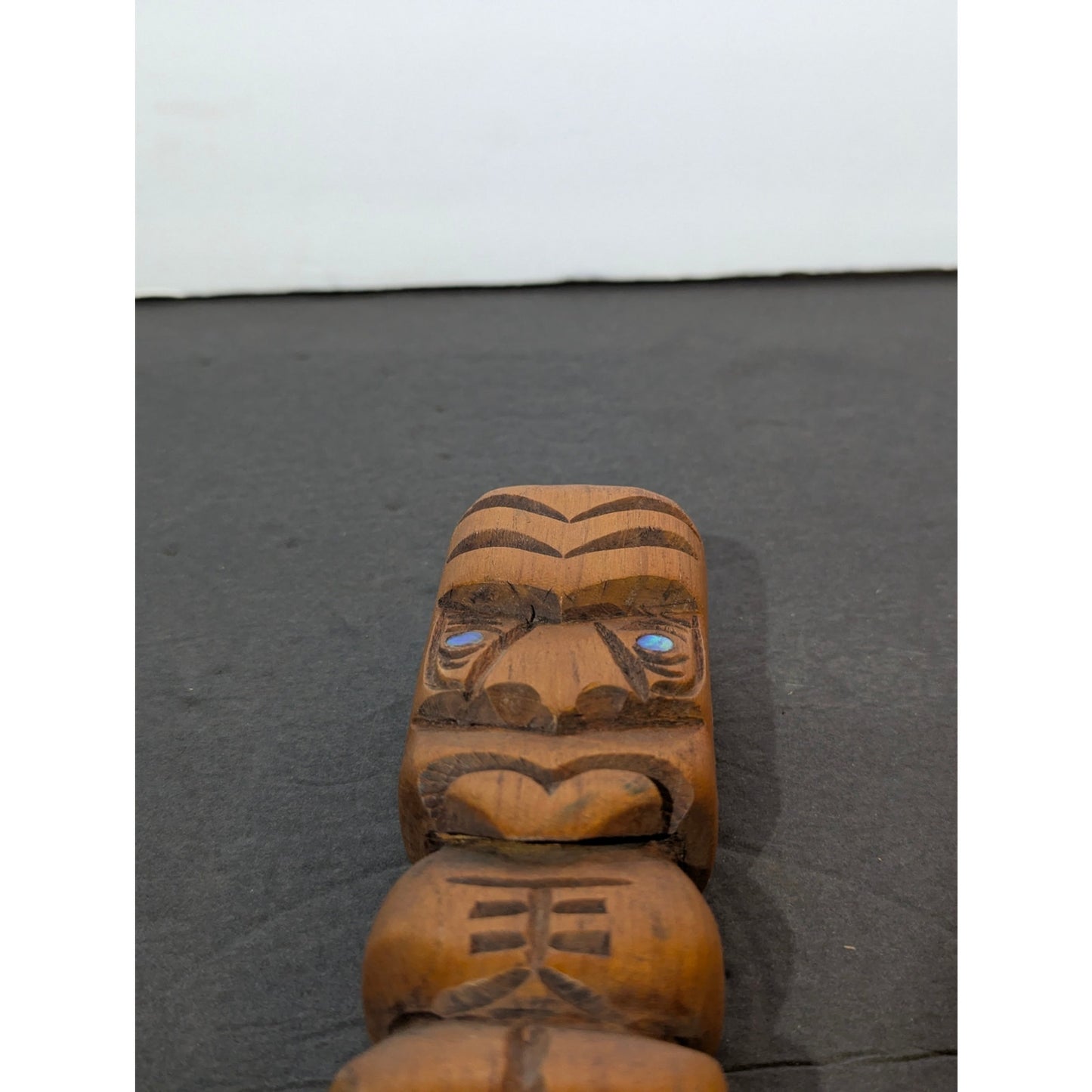 Vintage Handmade 6" Hand-Carved Wood Tiki Totem with Turquoise Inlay