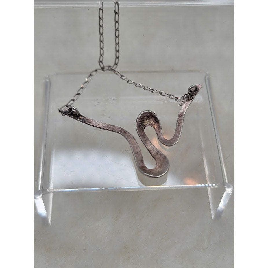 Vintage Modernist Sterling Silver Biomorphic Wave Pendant Necklace 925