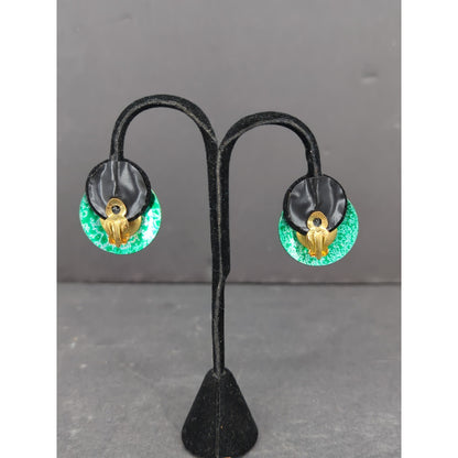 Vintage West Germany Hand Painted Enameled Metal Clip On Earrings Abstract