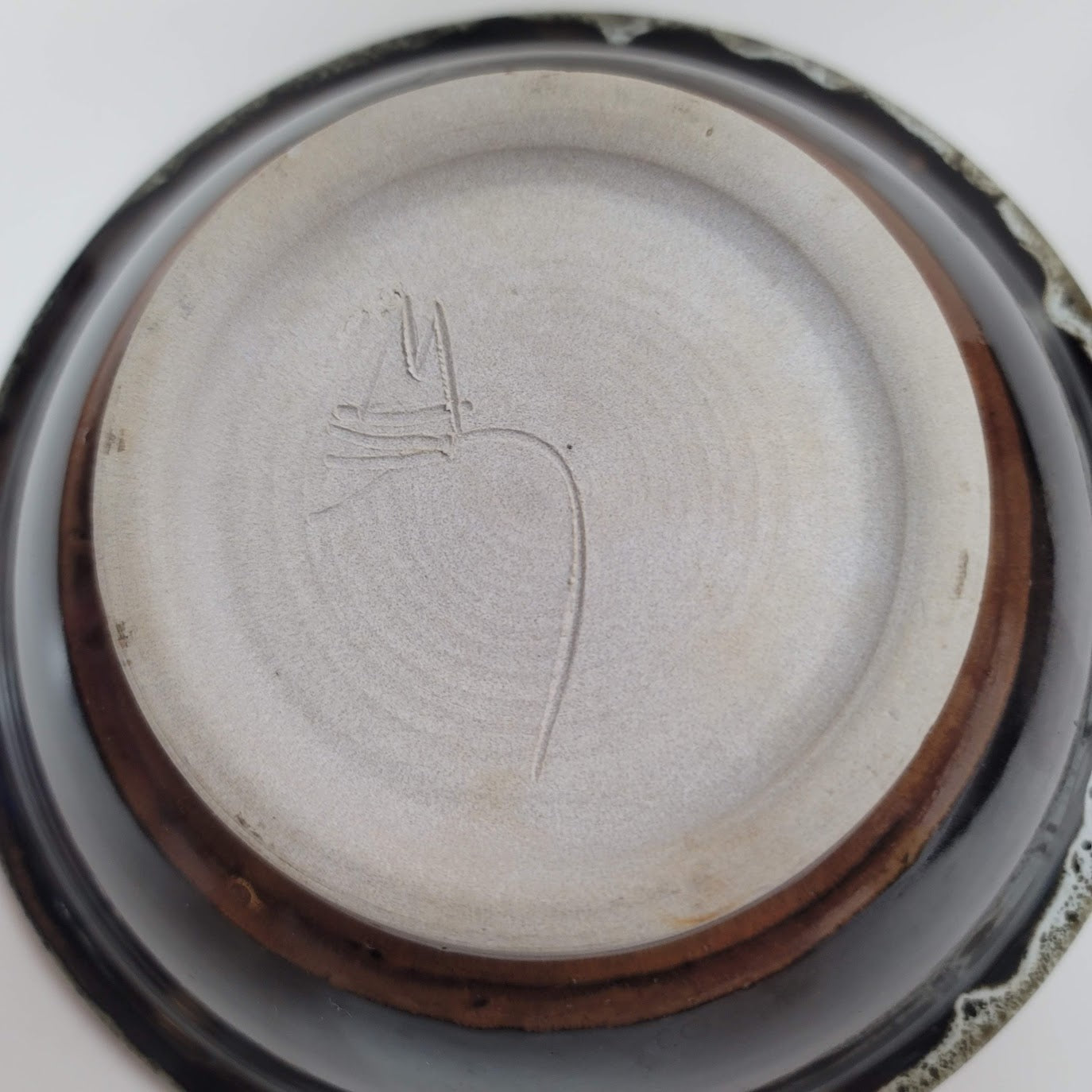 Handmade pottery bown rim brown Signed Salt Glazed Dripware Art Earth tones 8"