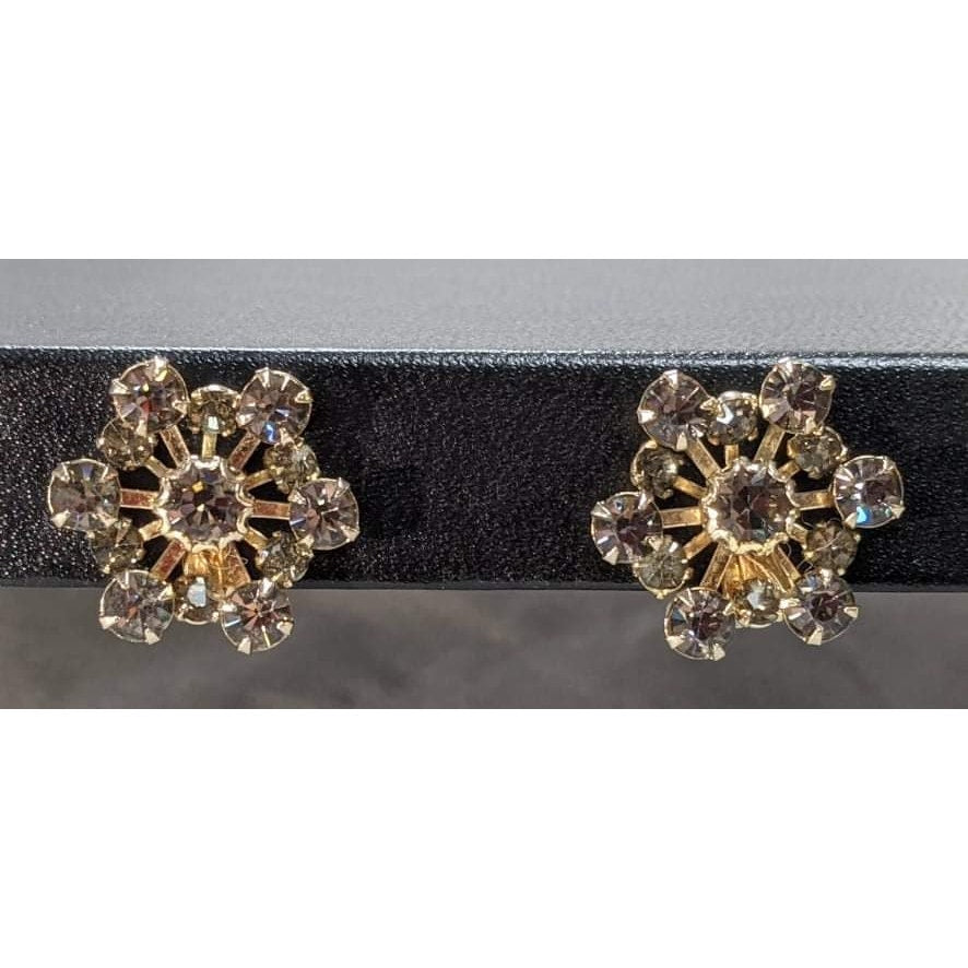 Vintage Gray Crystal Stone Rose Gold Tone Clip On Earrings Retro Glamour
