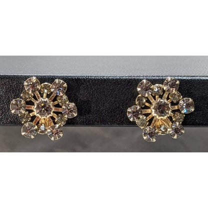 Vintage Gray Crystal Stone Rose Gold Tone Clip On Earrings Retro Glamour