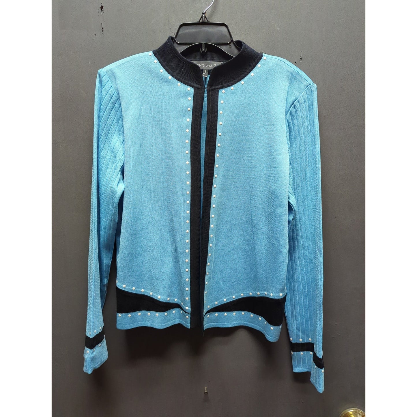 Ming Wang Blue & Black Studded White Dots Knit Jacket Size Small Cardigan