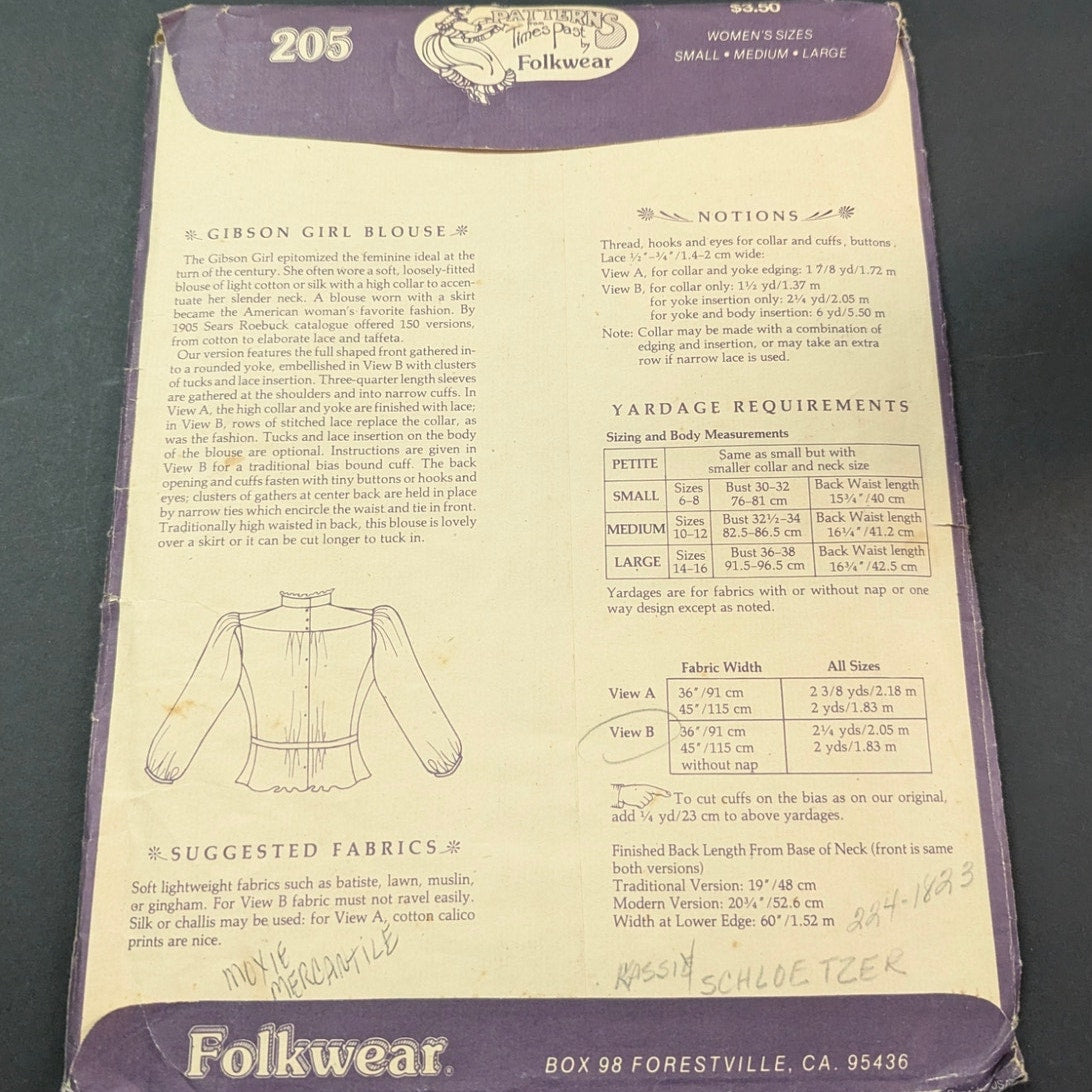 Vintage Folkwear 205 Gibson Girl Blouse Sewing Pattern 1900s Edwardian Style
