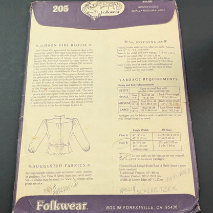 Vintage Folkwear 205 Gibson Girl Blouse Sewing Pattern 1900s Edwardian Style