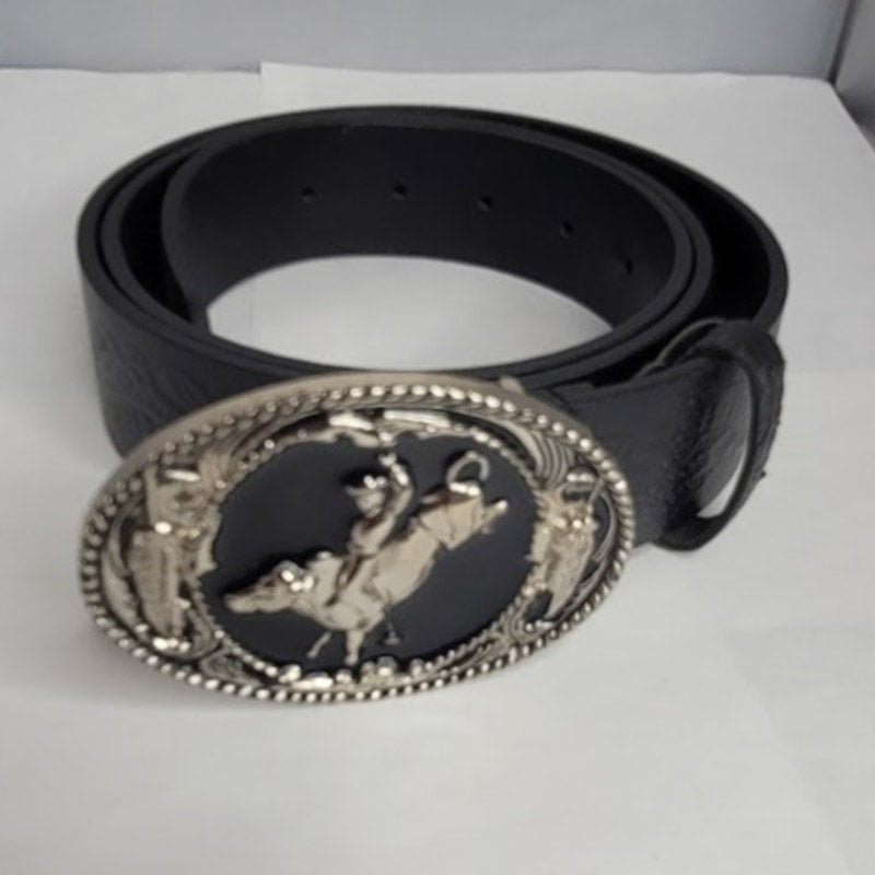 Black belt XXL Geniune bonded embossed leather Rodeo buckle Bull rider Metal
