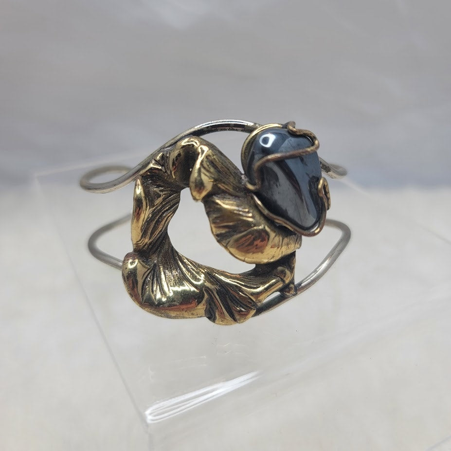 Vintage Molten Brutalist Sculptural Mixed Metal Cuff Bronze & Polished Hematite