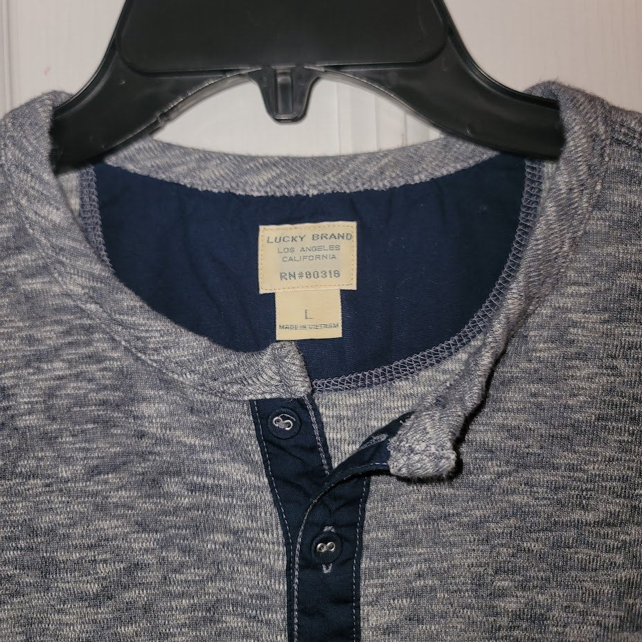 Lucky Brand Men's Blue Marled Henley Long Sleeve Shirt Large Contrast Placket