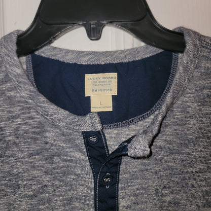Lucky Brand Men's Blue Marled Henley Long Sleeve Shirt Large Contrast Placket