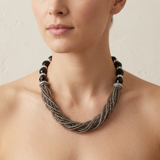 Vintage Multi Strand Seed Bead & Faceted Crystal Choker Necklace