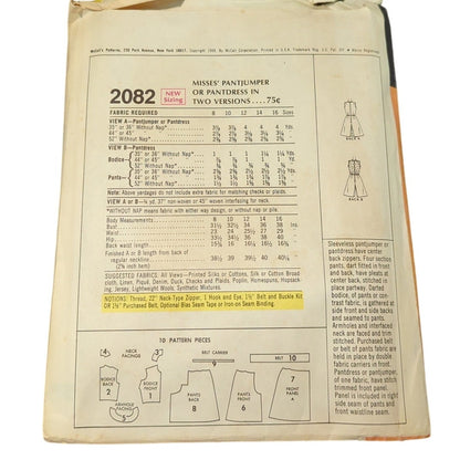 Vintage Sewing pattern McCall's 2082 Size 12 Bust 34 misses pantjumper pantdress