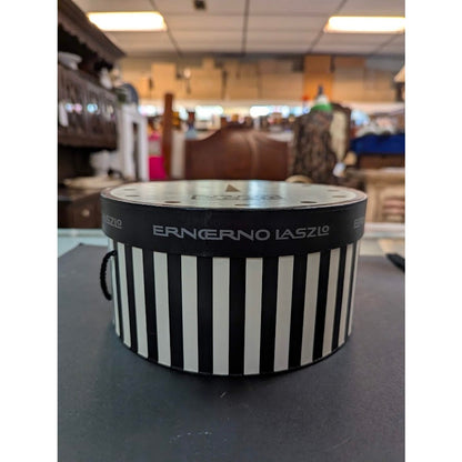 Erno Laszlo Vintage Black and White Striped Round Hat Box Vanity Storage