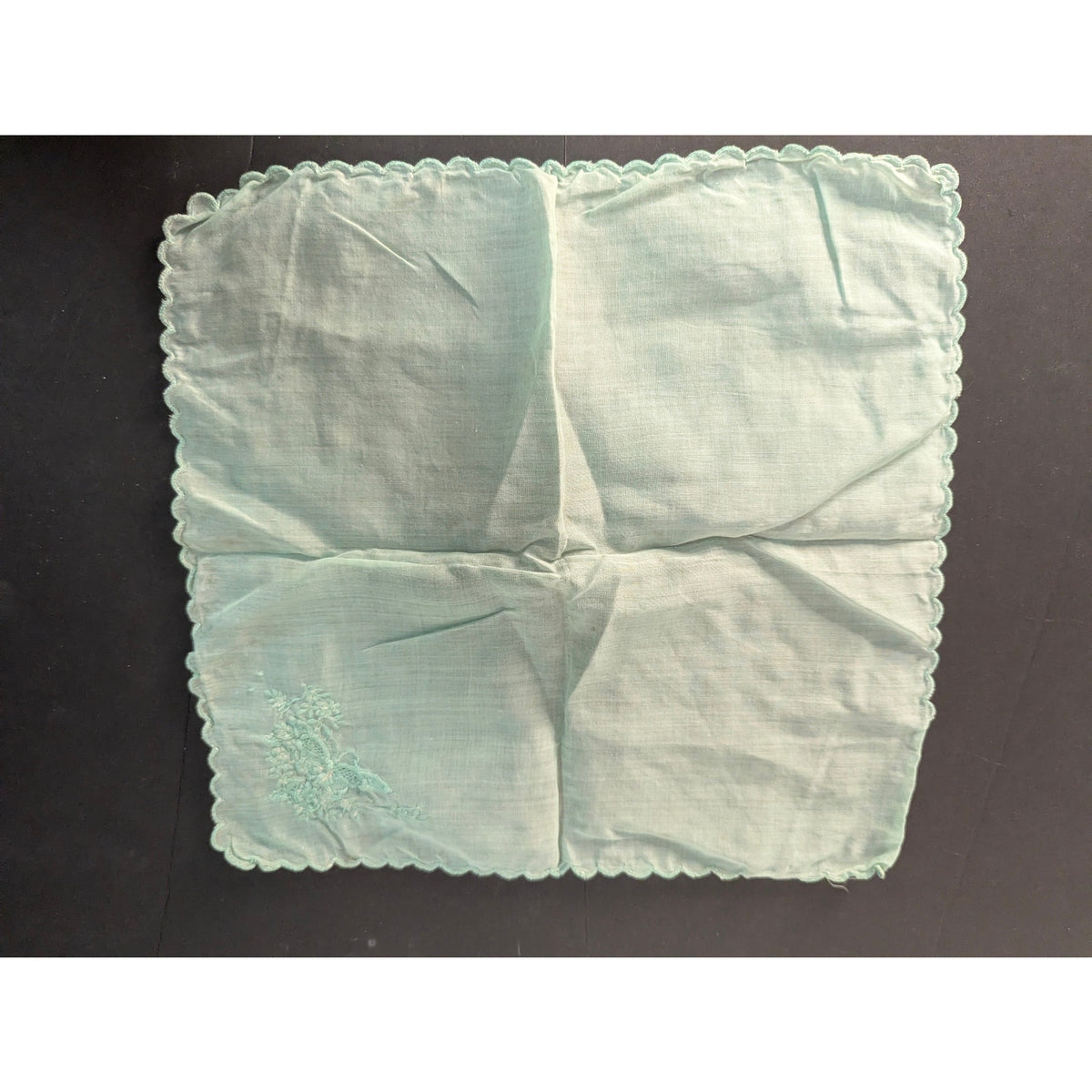 Vintage Light Green Embroidered Floral Handkerchief Scalloped Edge