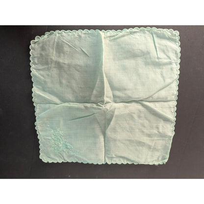 Vintage Light Green Embroidered Floral Handkerchief Scalloped Edge