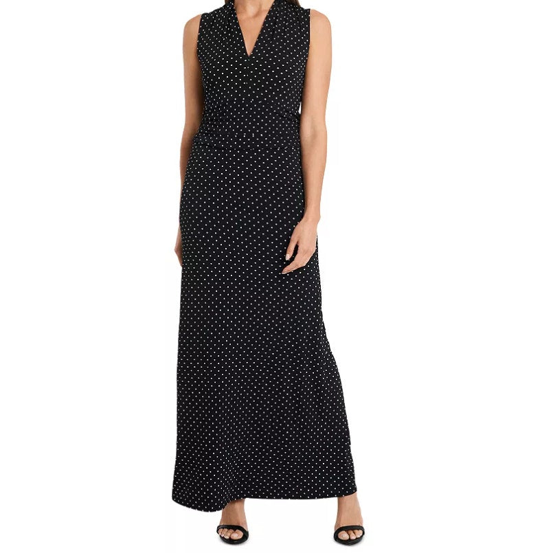 vince camuto black white polka dot dress MAXI LARGE sleeveless empire waist