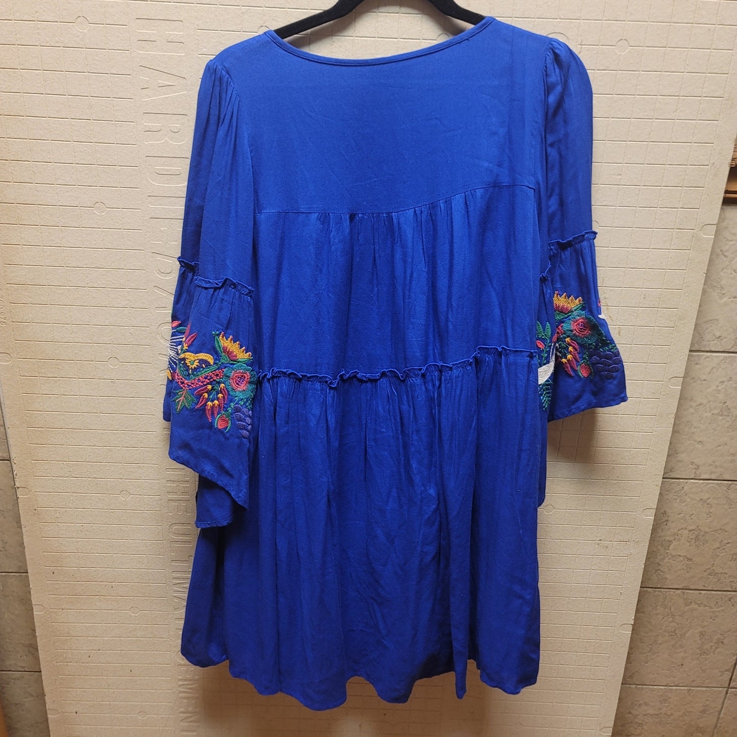 Judith March Boho Blue Embroidery Bell Sleeve Mini Dress small tassel Festival