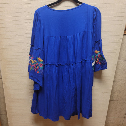 Judith March Boho Blue Embroidery Bell Sleeve Mini Dress small tassel Festival