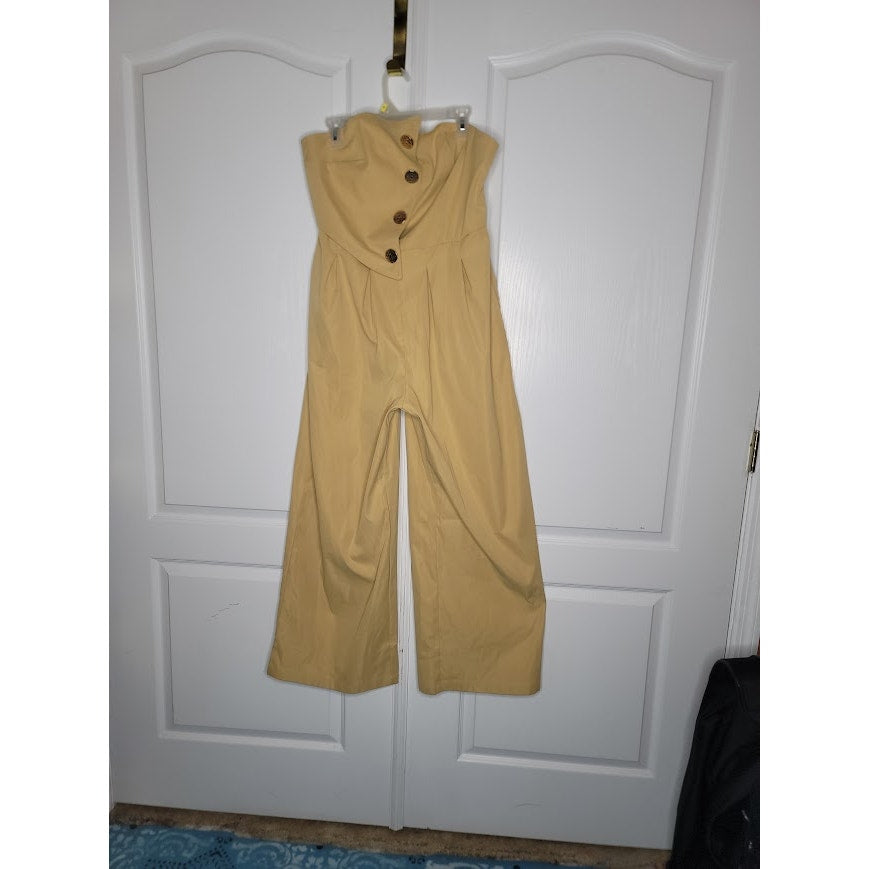 ASTRID Camel Strapless Asymmetrical Button Wide-Leg Jumpsuit XL