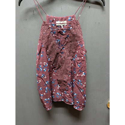 WAYF NWT Posie Strappy Camisole Floral Burgundy Tiered Puff Sleeve Top Medium