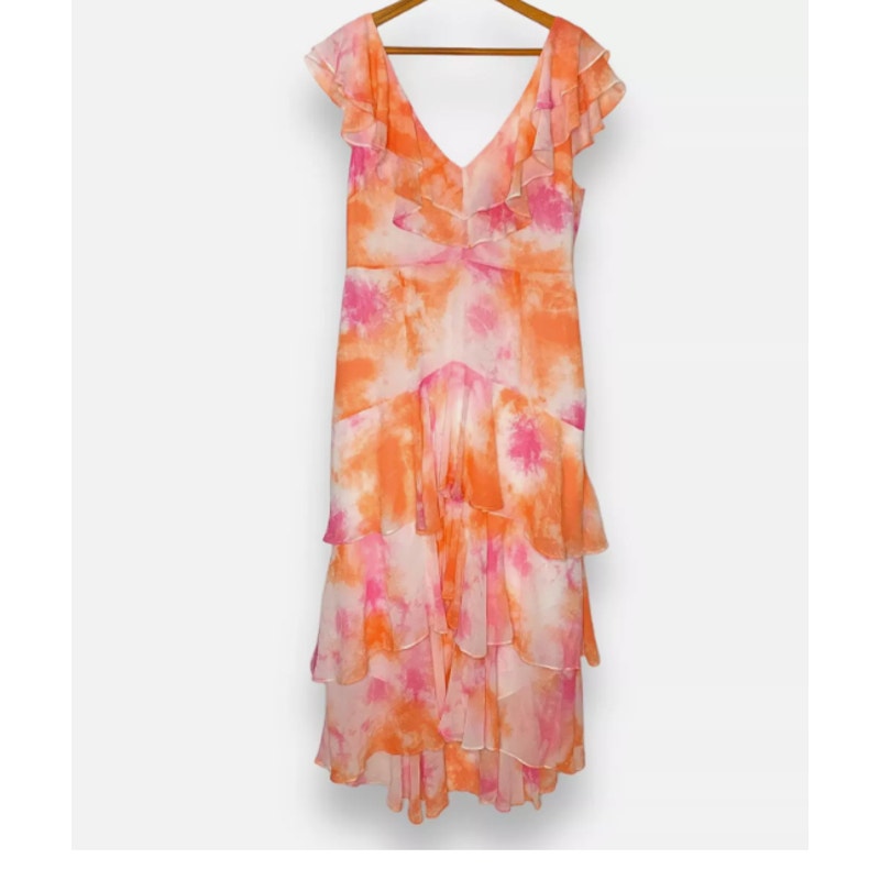 WAYF women's Passion tie dye Chelsea ruffle trim tiered chiffon maxi dress SZ XL