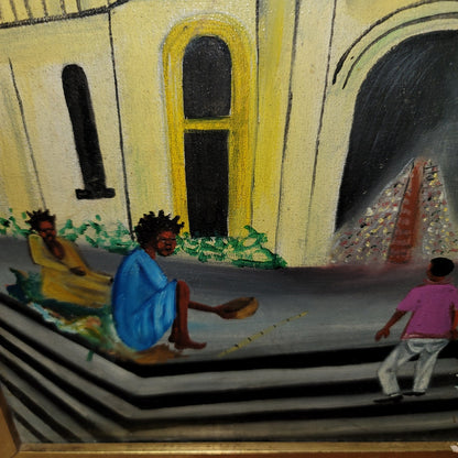Marc Arthur Mentor Daily Life Oil Board framed 19" x 36" Folk Art Afro-Haitian