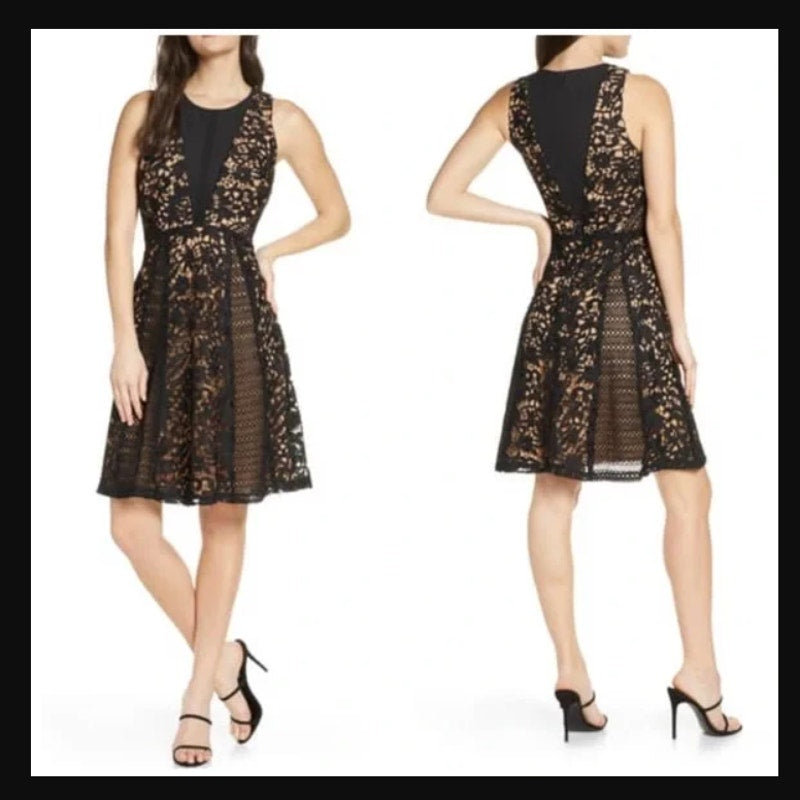 Chelsea28 black lace over nude liner Sleeveless Fit & Flare Cocktail Dress SMALL
