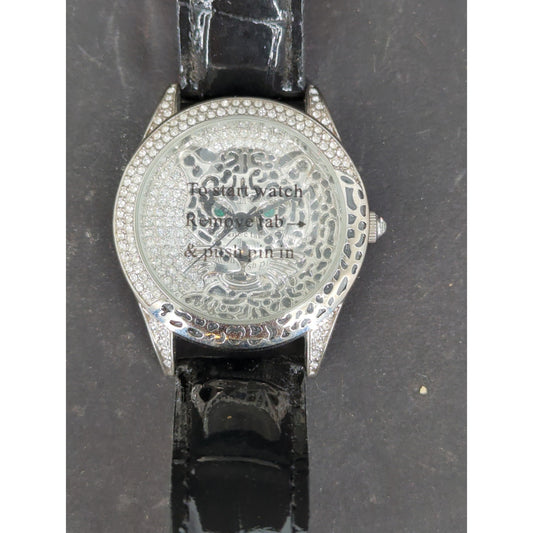 NEW Adrienne Designer Collection Leopard Face Watch Crystal Bezel Leather Band